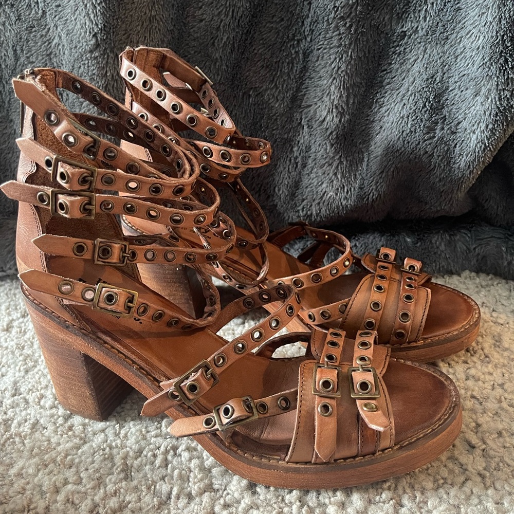 Brown Gladiator Heels with Chunky Heel